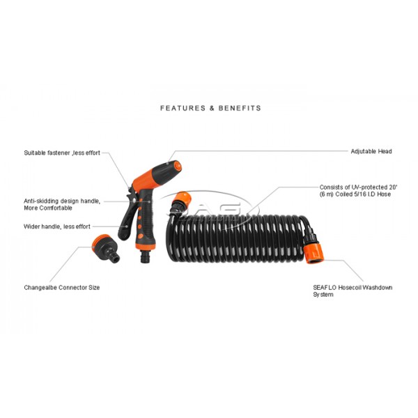 Seaflo Hosecoil for Washdown - Coiled Hose, Spray Nozzle & Adaptor